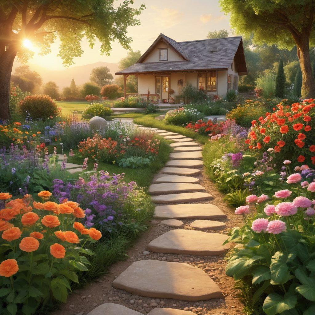 A serene landscape showing a sunset over a peaceful garden with vibrant flowers and a pathway leading to a small healing center. Include symbols of health, such as fruits and vegetables in a basket, and a patient meditating peacefully. Surround the scene with subtle hints of medical elements like a stethoscope and pills, blending seamlessly with nature. soft glow. soothing colors. 3D.
